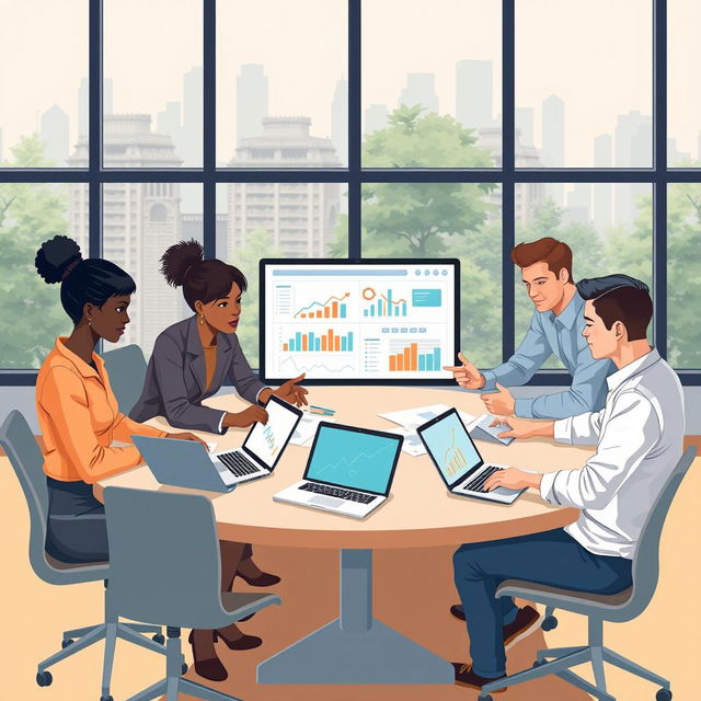 A visually engaging project management concept illustration featuring a diverse team of professionals collaborating around a large table with laptops and digital devices