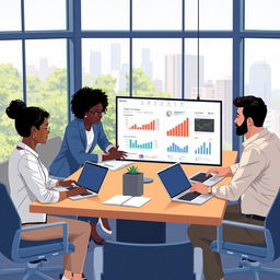A visually engaging project management concept illustration featuring a diverse team of professionals collaborating around a large table with laptops and digital devices