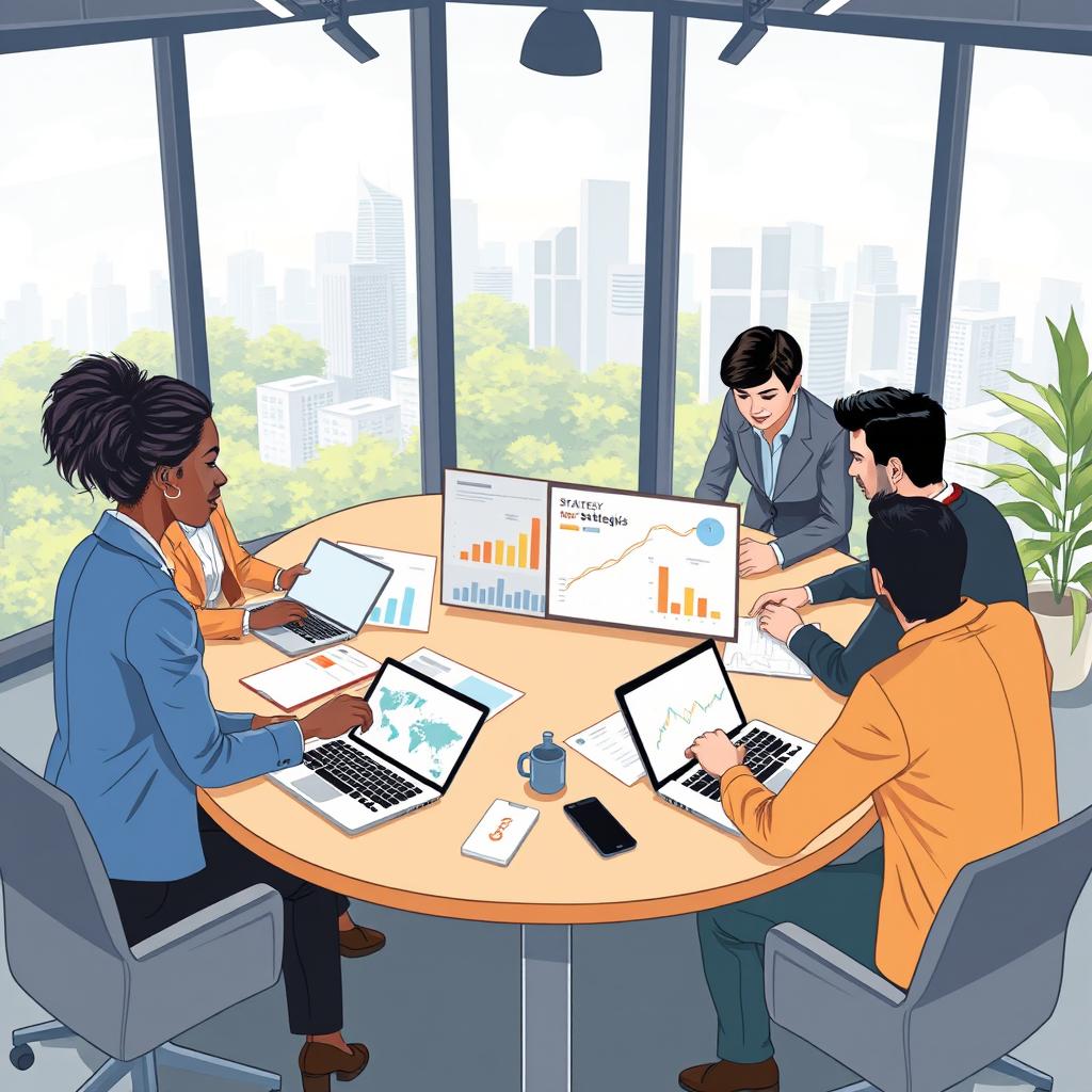 A visually engaging project management concept illustration featuring a diverse team of professionals collaborating around a large table with laptops and digital devices