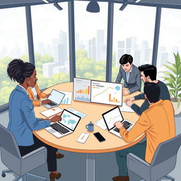 A visually engaging project management concept illustration featuring a diverse team of professionals collaborating around a large table with laptops and digital devices