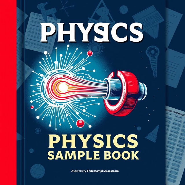 A captivating cover design for a physics sample book featuring a detailed illustration of a magnet emitting magnetic field lines, with visual elements representing Faraday's experiments