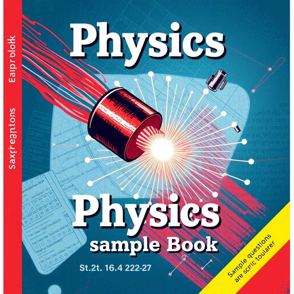 A captivating cover design for a physics sample book featuring a detailed illustration of a magnet emitting magnetic field lines, with visual elements representing Faraday's experiments
