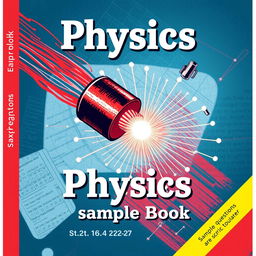 A captivating cover design for a physics sample book featuring a detailed illustration of a magnet emitting magnetic field lines, with visual elements representing Faraday's experiments