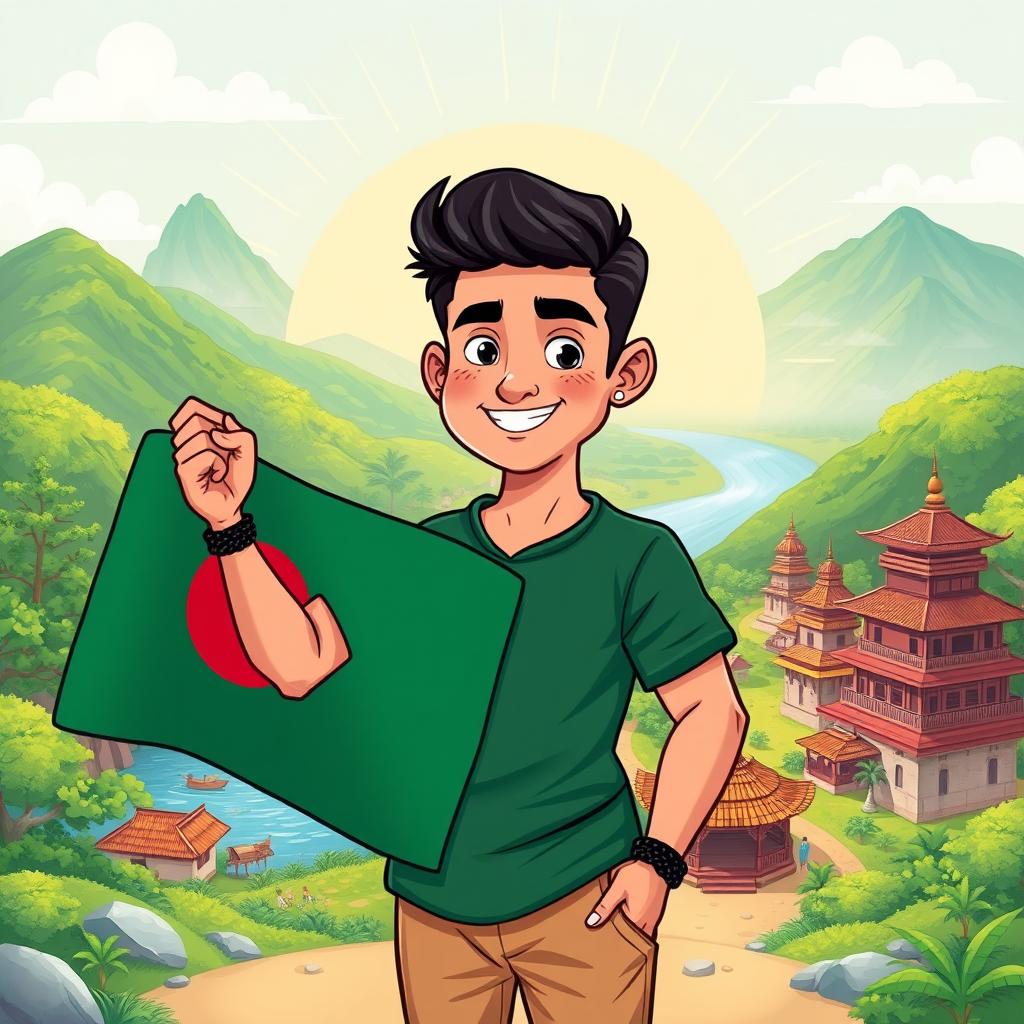 A vibrant and colorful cartoon illustration of a handsome man, showcasing features inspired by Bangladeshi culture, casually holding the Bangladesh national flag