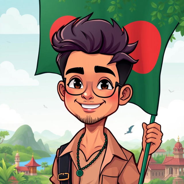 A vibrant and colorful cartoon illustration of a handsome man, showcasing features inspired by Bangladeshi culture, casually holding the Bangladesh national flag