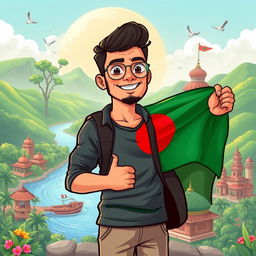 A vibrant and colorful cartoon illustration of a handsome man, showcasing features inspired by Bangladeshi culture, casually holding the Bangladesh national flag