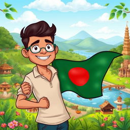 A vibrant and colorful cartoon illustration of a handsome man, showcasing features inspired by Bangladeshi culture, casually holding the Bangladesh national flag