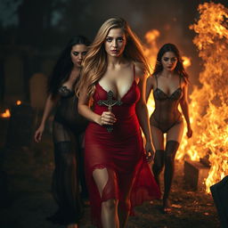 A dramatic and captivating scene featuring a sexy, sweet, innocent-looking 18-year-old girl with a Stevie Nicks-inspired face, characterized by beautiful, flowing blond hair