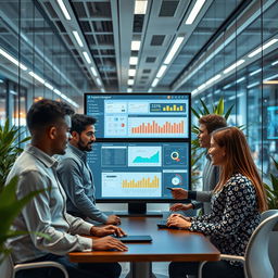 A futuristic project management office featuring sleek technology, diverse team members collaborating around a digital interface displaying charts and progress timelines