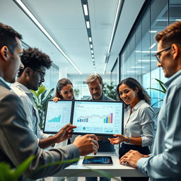 A futuristic project management office featuring sleek technology, diverse team members collaborating around a digital interface displaying charts and progress timelines