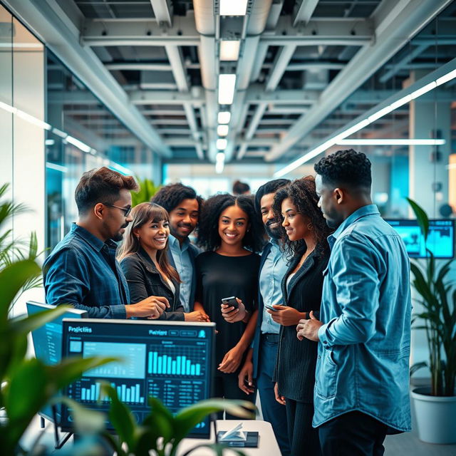 A futuristic project management office featuring sleek technology, diverse team members collaborating around a digital interface displaying charts and progress timelines