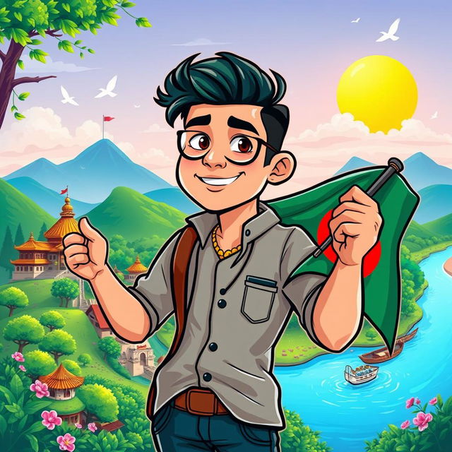 A vibrant and colorful cartoon illustration of a handsome man, showcasing features inspired by Bangladeshi culture, casually holding the Bangladesh national flag