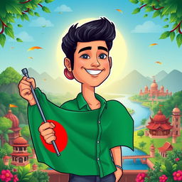 A vibrant and colorful cartoon illustration of a handsome man, showcasing features inspired by Bangladeshi culture, casually holding the Bangladesh national flag