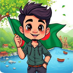 A vibrant and colorful cartoon illustration of a handsome man, showcasing features inspired by Bangladeshi culture, casually holding the Bangladesh national flag