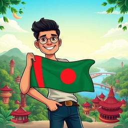 A vibrant and colorful cartoon illustration of a handsome man, showcasing features inspired by Bangladeshi culture, casually holding the Bangladesh national flag