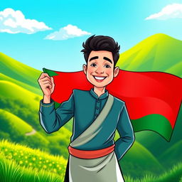 A vibrant and colorful cartoon-style illustration of a handsome man holding the Bangladesh national flag, showcasing the flag's green and red colors prominently