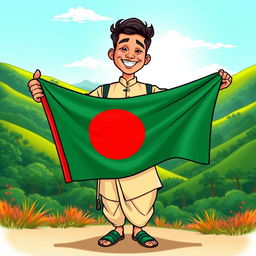 A vibrant and colorful cartoon-style illustration of a handsome man holding the Bangladesh national flag, showcasing the flag's green and red colors prominently