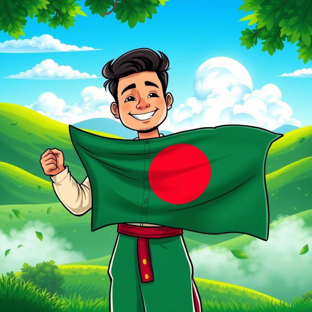 A vibrant and colorful cartoon-style illustration of a handsome man holding the Bangladesh national flag, showcasing the flag's green and red colors prominently