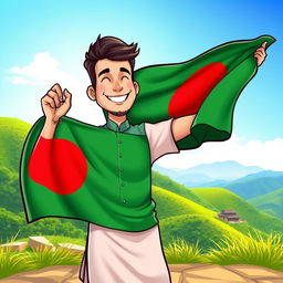 A vibrant and colorful cartoon-style illustration of a handsome man holding the Bangladesh national flag, showcasing the flag's green and red colors prominently