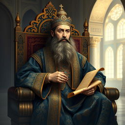 A portrait of Al-Ma'mun, the Abbasid Caliph, depicted as a wise, regal figure seated on an ornately decorated throne