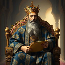 A portrait of Al-Ma'mun, the Abbasid Caliph, depicted as a wise, regal figure seated on an ornately decorated throne