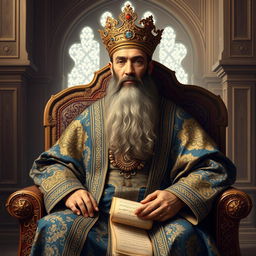 A portrait of Al-Ma'mun, the Abbasid Caliph, depicted as a wise, regal figure seated on an ornately decorated throne