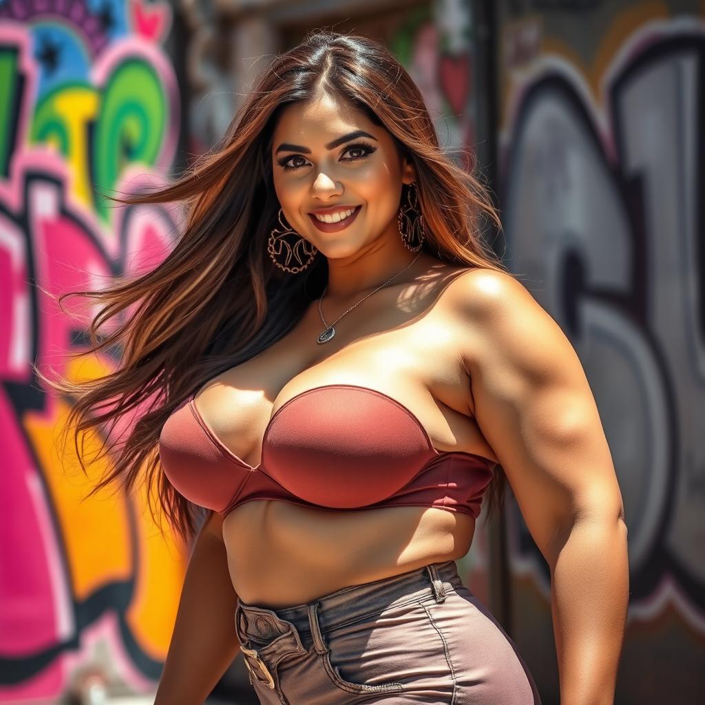 A beautiful and curvy woman with large breasts, wearing a stylish and attention-catching outfit