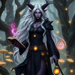 A gorgeous tiefling witch standing in a mystical forest