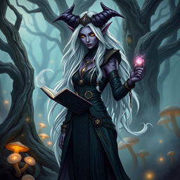 A gorgeous tiefling witch standing in a mystical forest