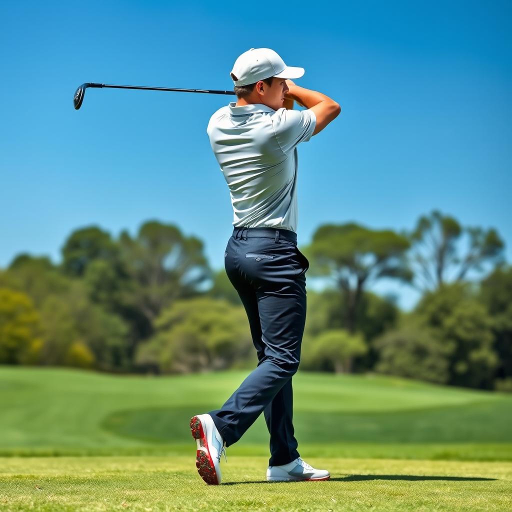 A dynamic scene of a golfer in a perfect swing posture, showcasing a powerful and fluid golf swing motion