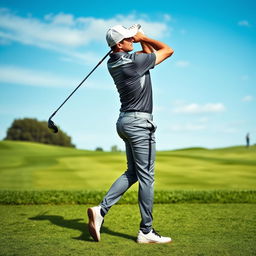 A dynamic scene of a golfer in a perfect swing posture, showcasing a powerful and fluid golf swing motion