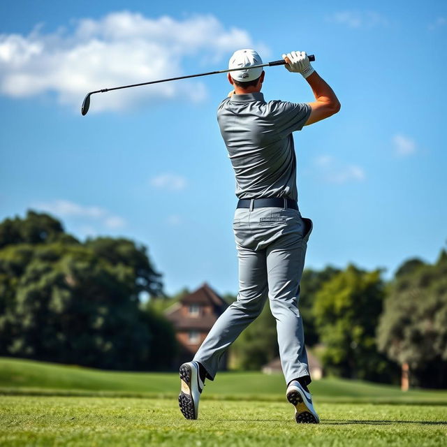 A dynamic scene of a golfer in a perfect swing posture, showcasing a powerful and fluid golf swing motion