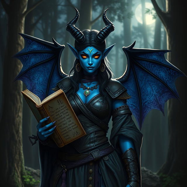 A striking tiefling witcher with bat-like wings and vibrant blue skin, standing confidently