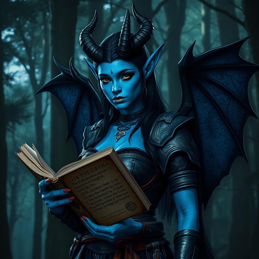 A striking tiefling witcher with bat-like wings and vibrant blue skin, standing confidently