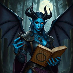 A striking tiefling witcher with bat-like wings and vibrant blue skin, standing confidently