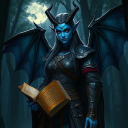 A striking tiefling witcher with bat-like wings and vibrant blue skin, standing confidently
