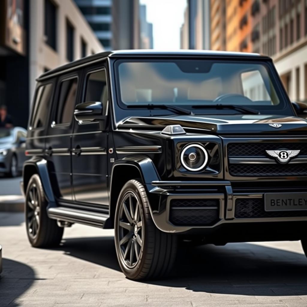 A sleek black G-Class luxury SUV featuring a prominent Bentley logo, showcasing rich details of the car's exterior design like the characteristic angular lines and muscular stance