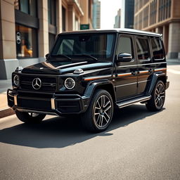 A sleek black G-Class luxury SUV featuring a prominent Bentley logo, showcasing rich details of the car's exterior design like the characteristic angular lines and muscular stance