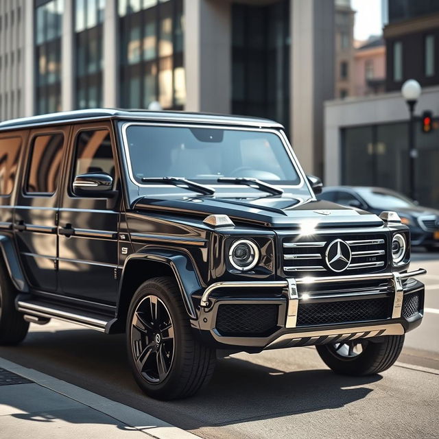 A sleek black G-Class luxury SUV featuring a prominent Bentley logo, showcasing rich details of the car's exterior design like the characteristic angular lines and muscular stance