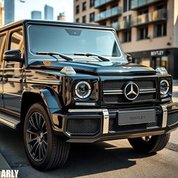 A sleek black G-Class luxury SUV featuring a prominent Bentley logo, showcasing rich details of the car's exterior design like the characteristic angular lines and muscular stance