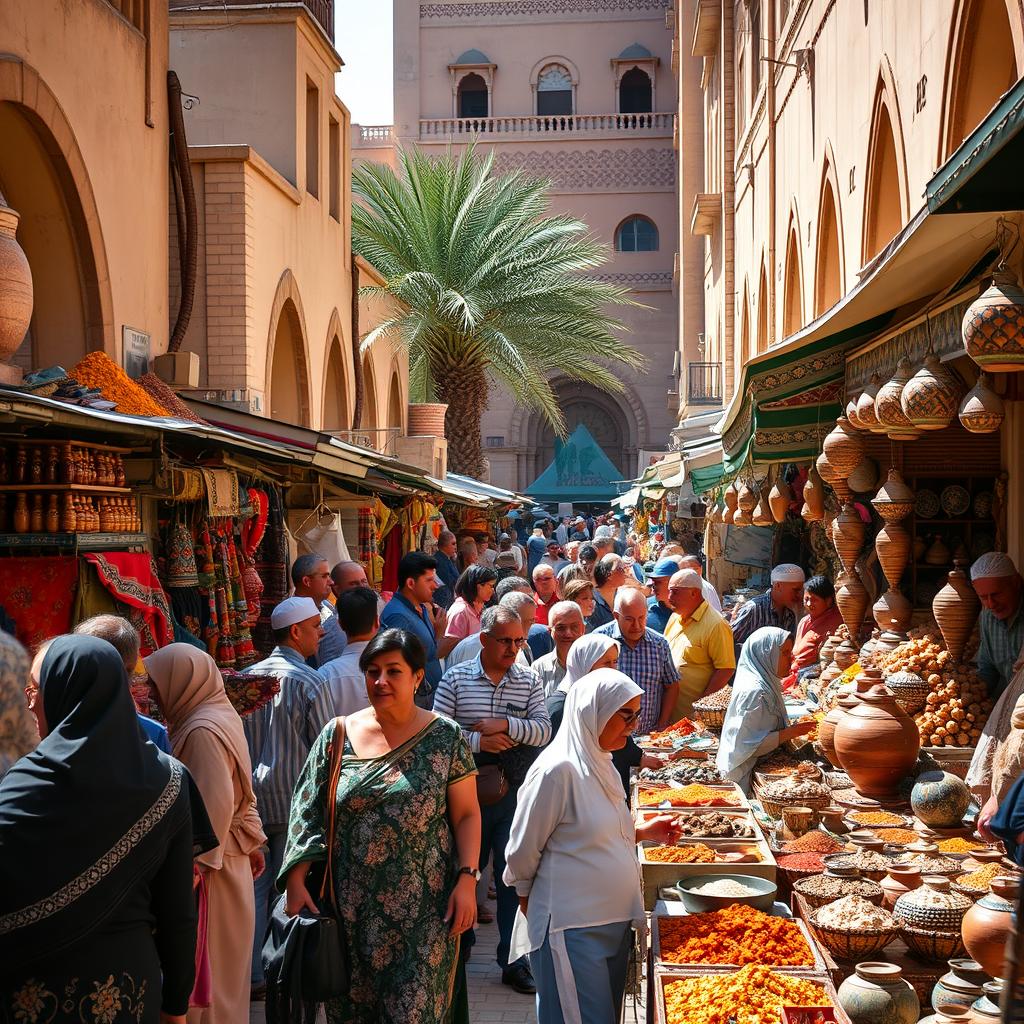 A vibrant and bustling street market in a Middle Eastern city, filled with colorful stalls displaying exotic spices, handwoven textiles, and intricate pottery