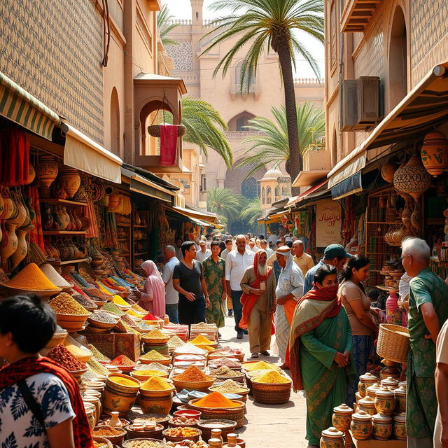 A vibrant and bustling street market in a Middle Eastern city, filled with colorful stalls displaying exotic spices, handwoven textiles, and intricate pottery