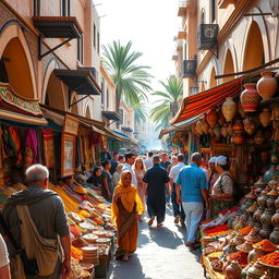 A vibrant and bustling street market in a Middle Eastern city, filled with colorful stalls displaying exotic spices, handwoven textiles, and intricate pottery