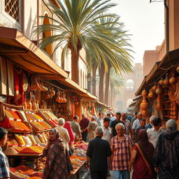 A vibrant and bustling street market in a Middle Eastern city, filled with colorful stalls displaying exotic spices, handwoven textiles, and intricate pottery