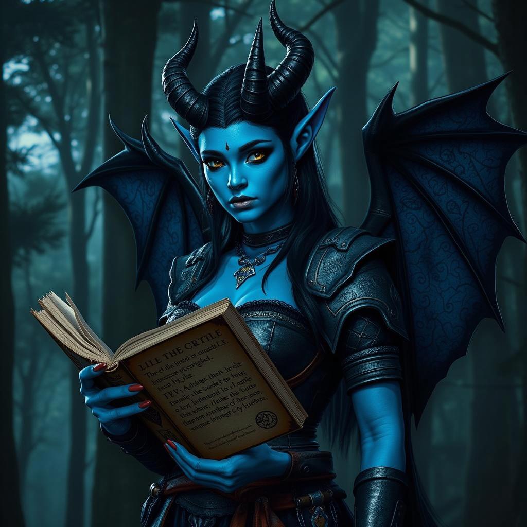 A captivating blue-skinned demoness with striking yellow eyes, sporting elegant black horns and majestic bat-like wings