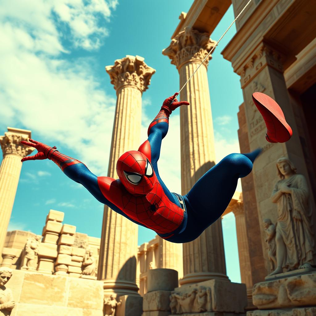 A stunning action-packed scene of Spiderman swinging through the ancient ruins of Persepolis, Iran