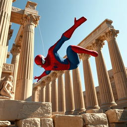 A stunning action-packed scene of Spiderman swinging through the ancient ruins of Persepolis, Iran