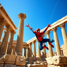 A stunning action-packed scene of Spiderman swinging through the ancient ruins of Persepolis, Iran