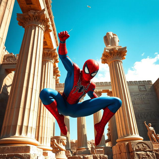 A stunning action-packed scene of Spiderman swinging through the ancient ruins of Persepolis, Iran