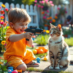A cheeky, mischievous child aiming a toy gun at a cat, with a playful yet slightly dark vibe